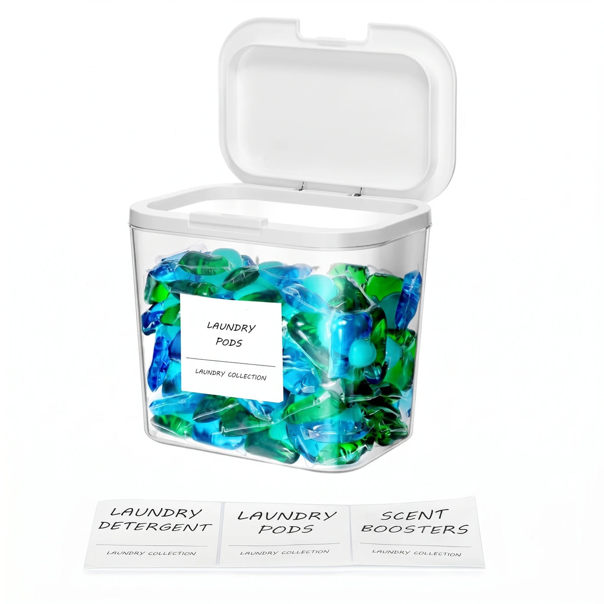 Clear plastic container of blue and green laundry pods with an open lid and accompanying labels
