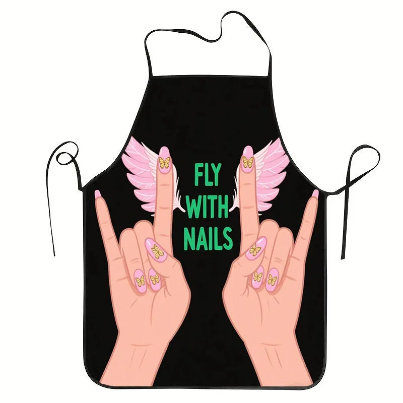 A black apron featuring a design of hands with pink nails and feathered wings.