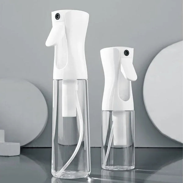 A white refillable continuous mist spray bottle with a pump dispenser is shown against a gray background.