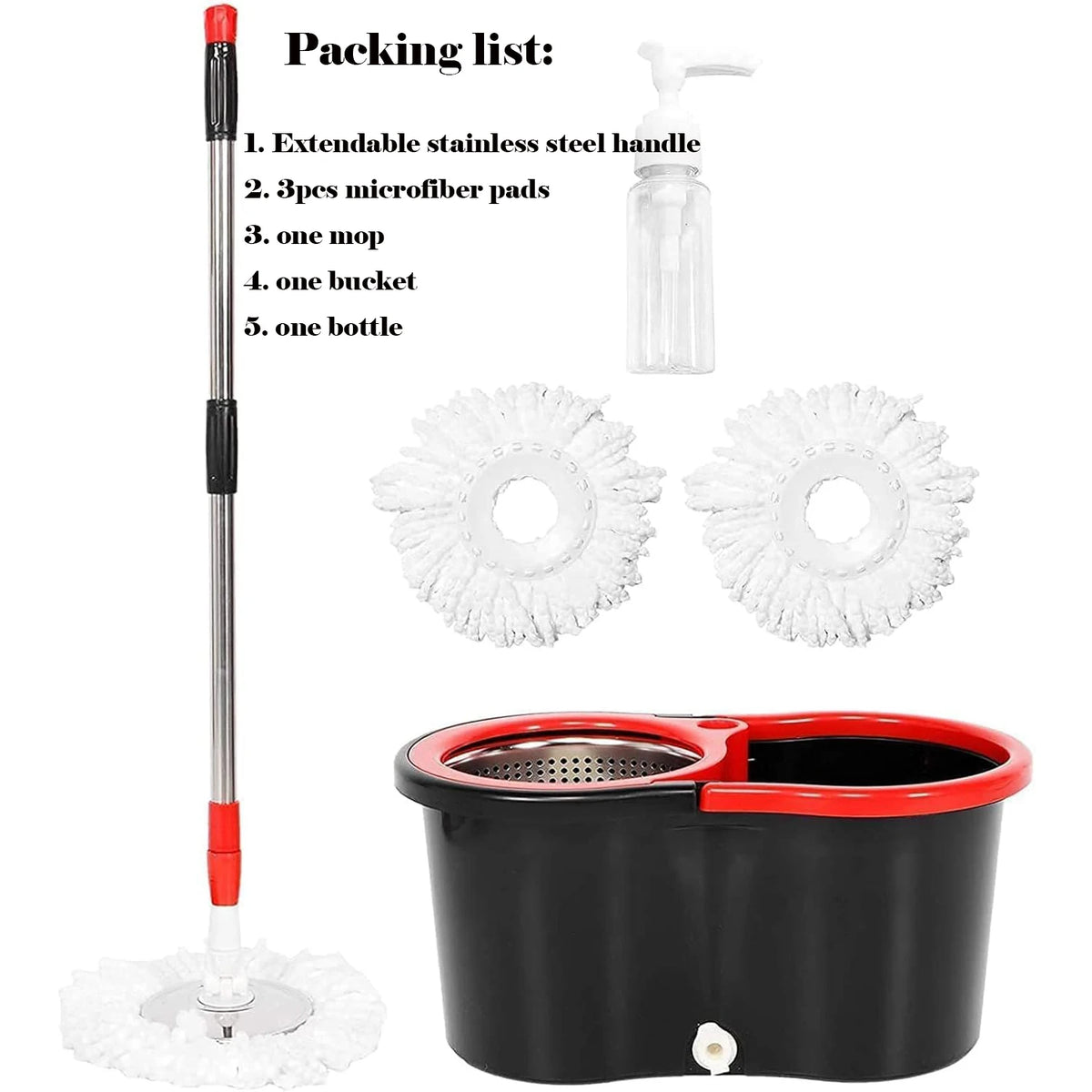 Lista de empaque que incluye un juego de mopa giratoria con mango extensible, almohadillas de microfibra, mopa, cubo y botell