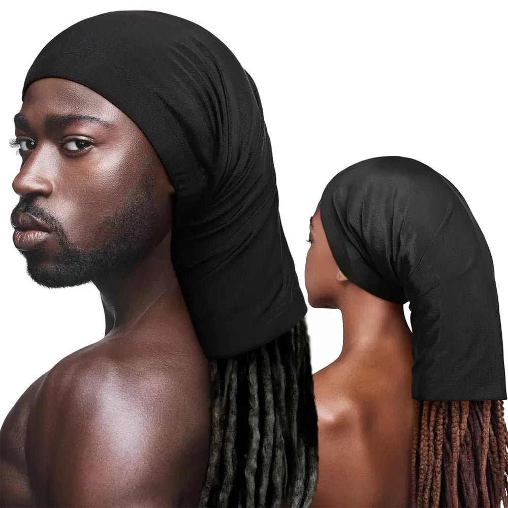 A model wearing a black spandex dreadlock tube cap for hair protection, shown in profile.