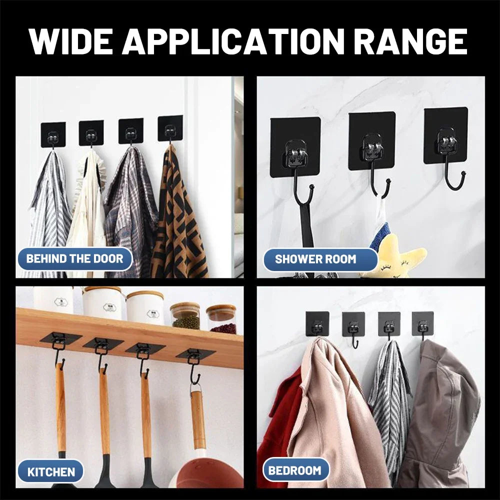 A set of heavy-duty self-adhesive wall hooks shown in various applications including a door, shower room, kitchen, and bedroo
