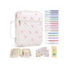A white floral quilted Bible cover bag with a zipper and handle shown next to various colored Bible covers.