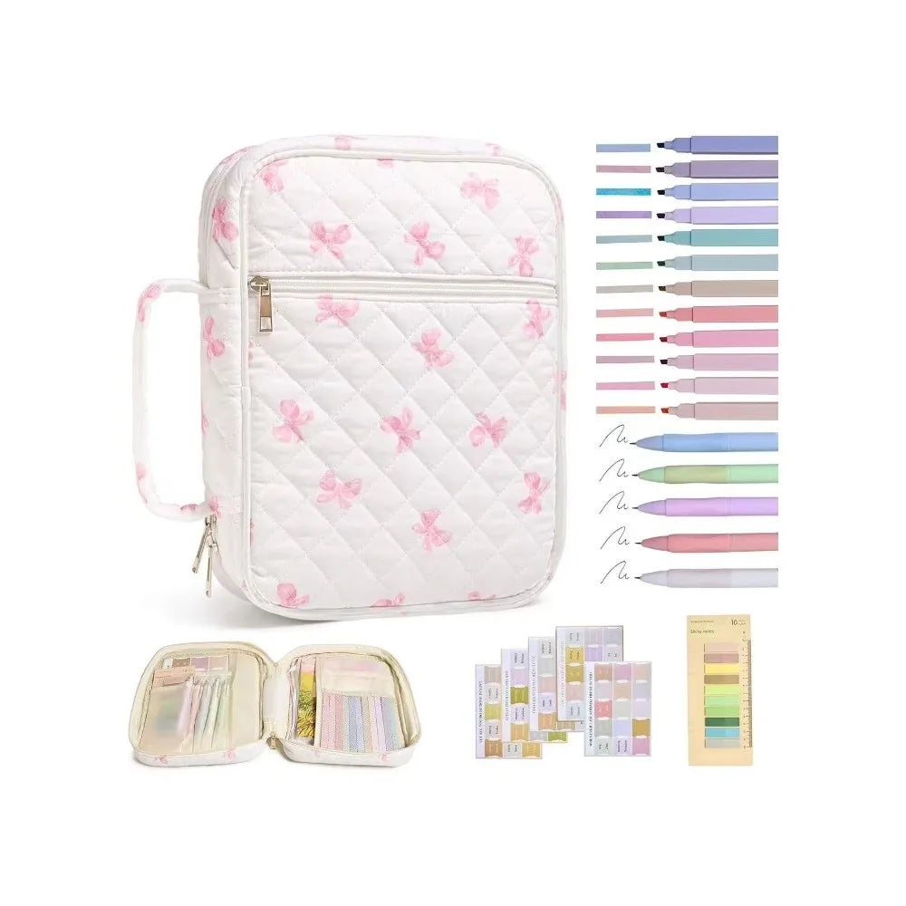 A white floral quilted Bible cover bag with a zipper and handle shown next to various colored Bible covers.
