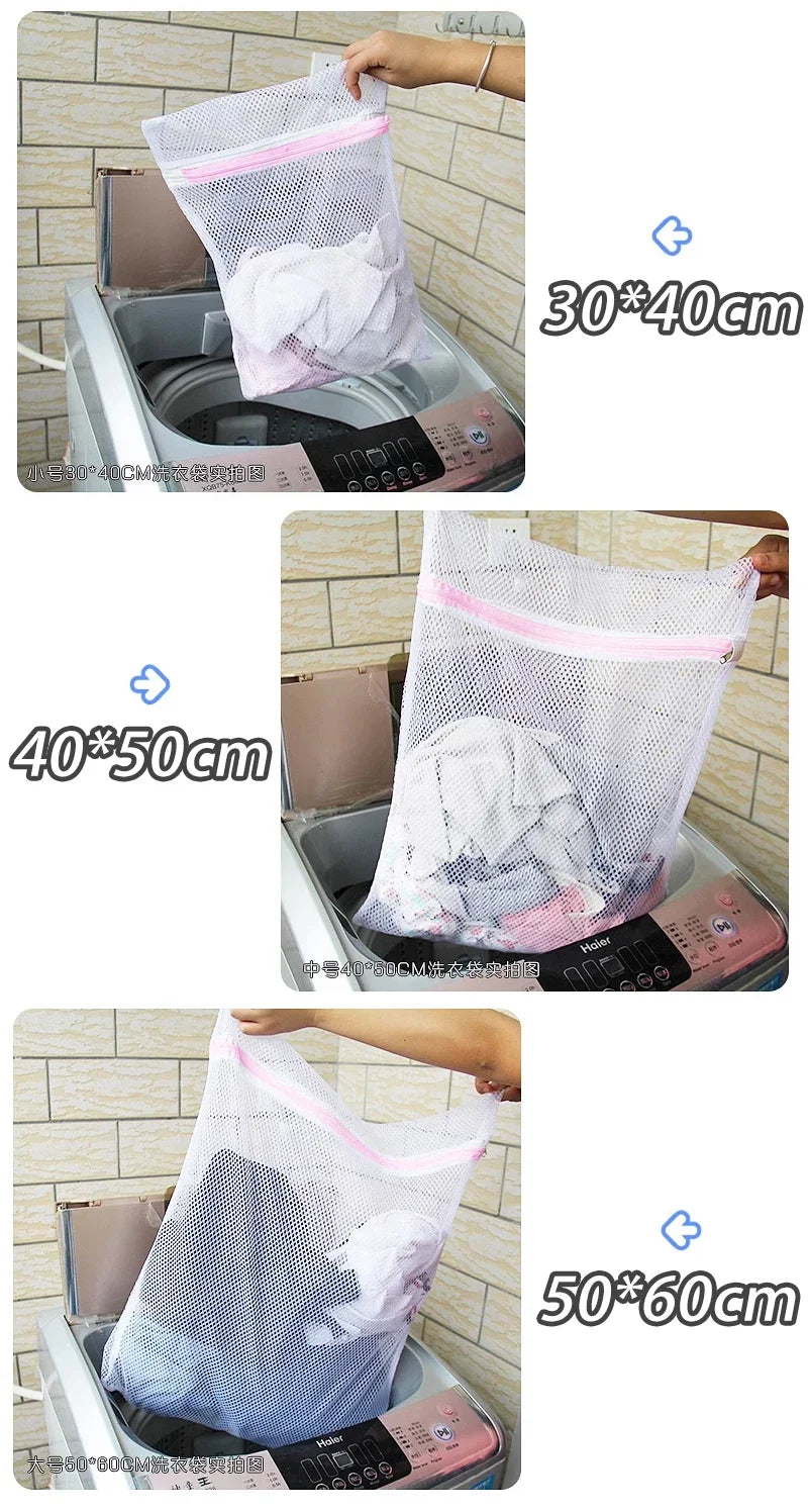 Three mesh laundry bags of different sizes, 30x40cm, 40x50cm, and 50x60cm, are shown being placed into a washing machine.