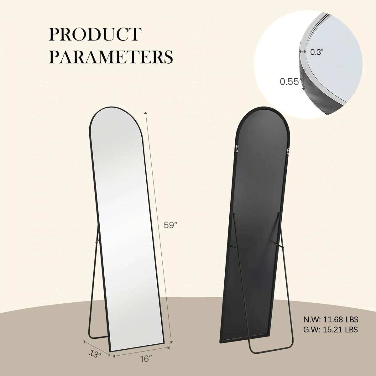 Full length arch mirror with aluminum frame shown next to a black version and dimensions.