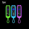 Three glow-in-the-dark remote covers in green, blue, and purple for a Roku TV.