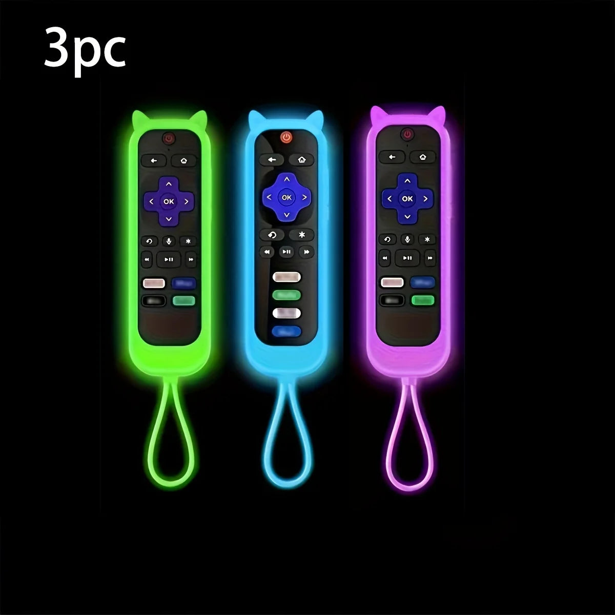 Three glow-in-the-dark remote covers in green, blue, and purple for a Roku TV.