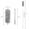 A long, extendable microfiber duster with a fluffy head and a handle, shown with dimension lines.