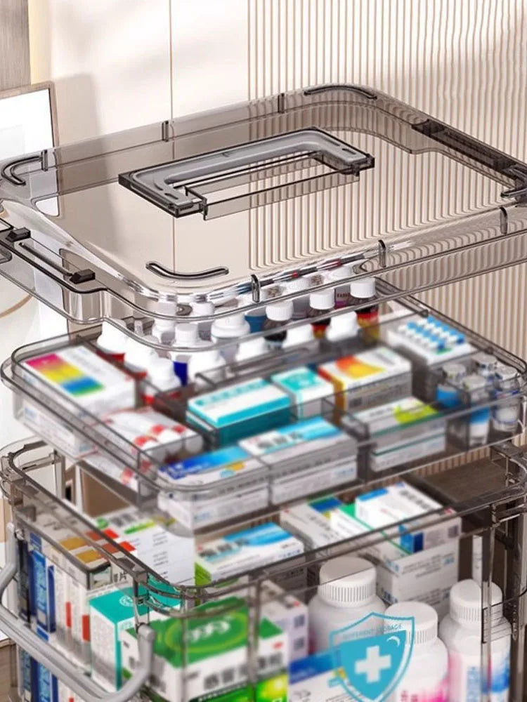 Klare Plastik-Erste-Hilfe-Box mit Griff, die verschiedene medizinische Hilfsmittel in mehreren Fächern zeigt.