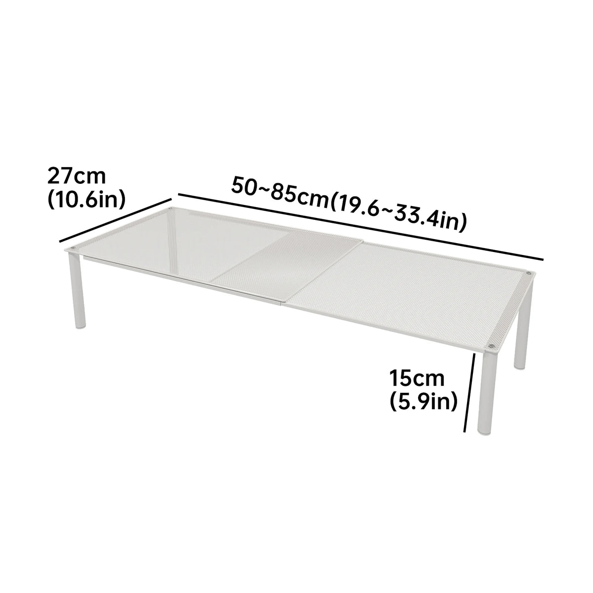 A white adjustable extendable shoe cabinet organizer with dimensions ranging from 27cm to 85cm.