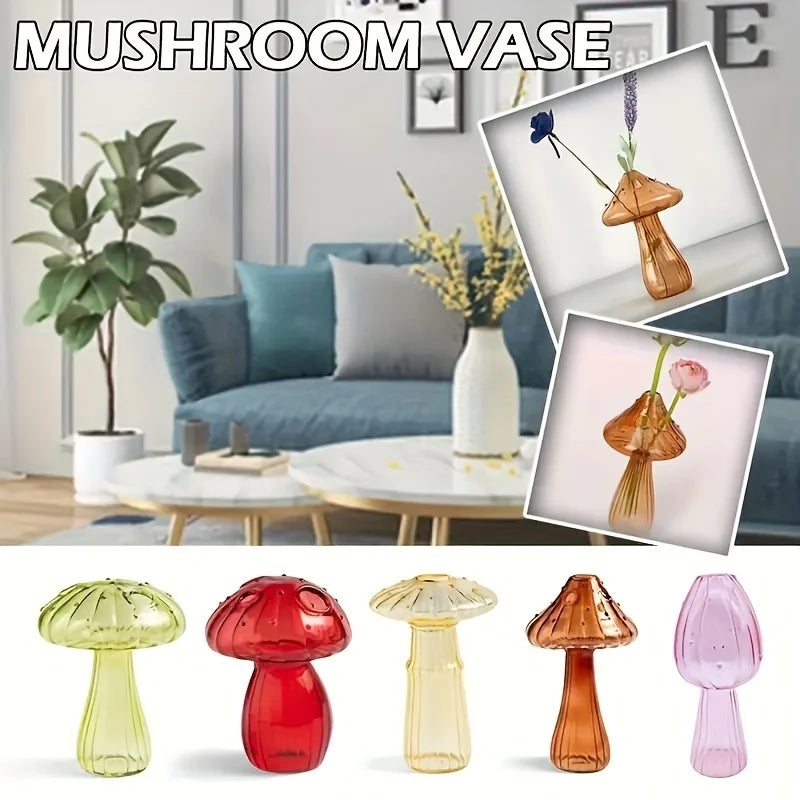 A collection of glass mushroom vases in various colors including green, red, yellow, amber, and pink.