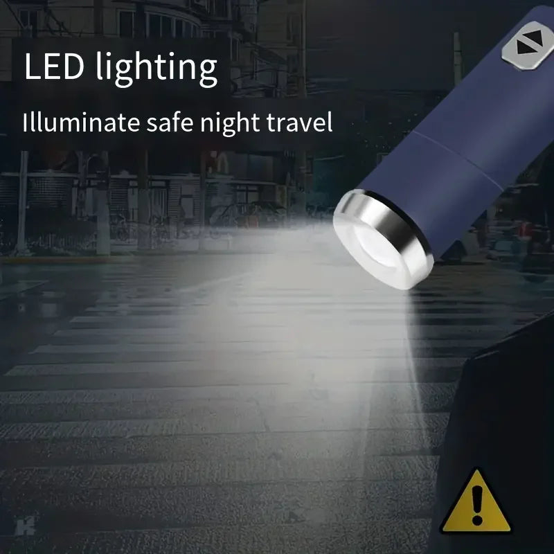 A blue LED flashlight illuminates a paved surface at night, emphasizing safe night travel.