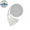 White graduation honor cord with tassel ends coiled for display