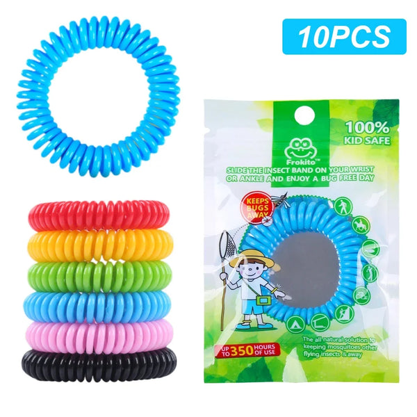 A set of ten colorful silicone bracelets designed as natural mosquito repellent for wrists or ankles.