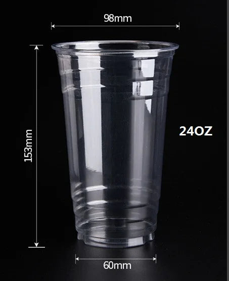 Klares Plastikglas mit Maßenangaben: 98mm Durchmesser, 153mm Höhe und 60mm Basis, als 24oz-Produkt gekennzeichnet.