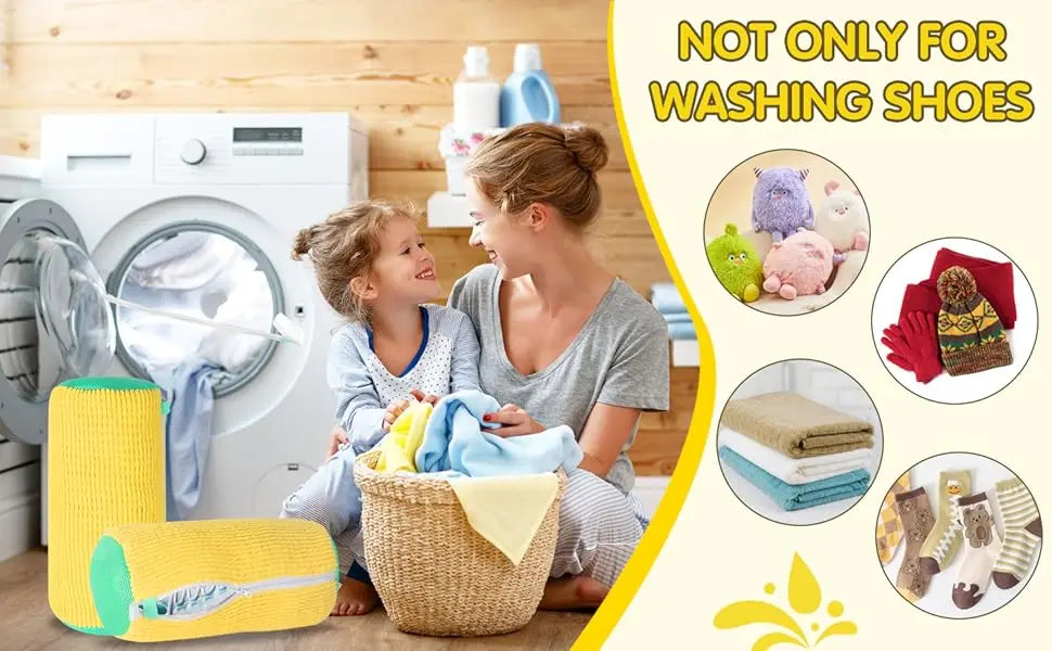 A woman and a child are using reusable shoe cleaning bags in a laundry basket next to a washing machine.