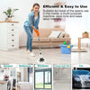 Una mujer usa un cepillo eléctrico multiusos para limpiar diferentes superficies del hogar como pisos, ventanas y azulejos.