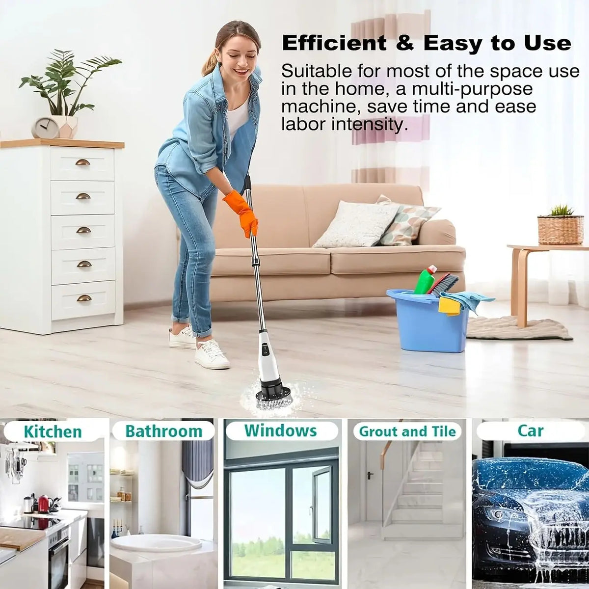 Una mujer usa un cepillo eléctrico multiusos para limpiar diferentes superficies del hogar como pisos, ventanas y azulejos.