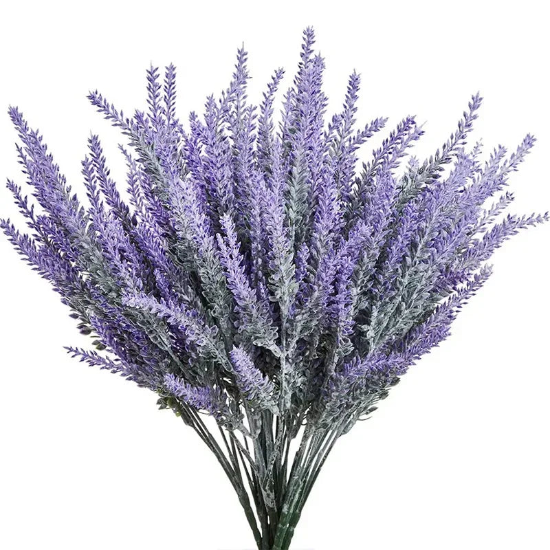 A bouquet of purple artificial lavender flowers with gray-green foliage.