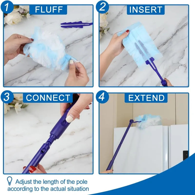 Four steps showing how to insert, connect, and extend a disposable electrostatic cleaning duster refill tool.