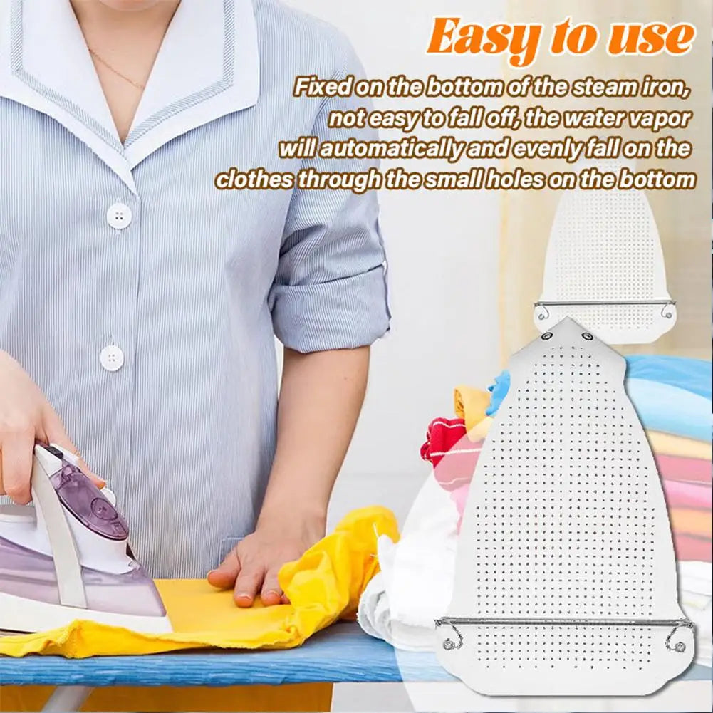 A person is using a universal iron protective cover shield to steam clothes through small holes on the bottom.