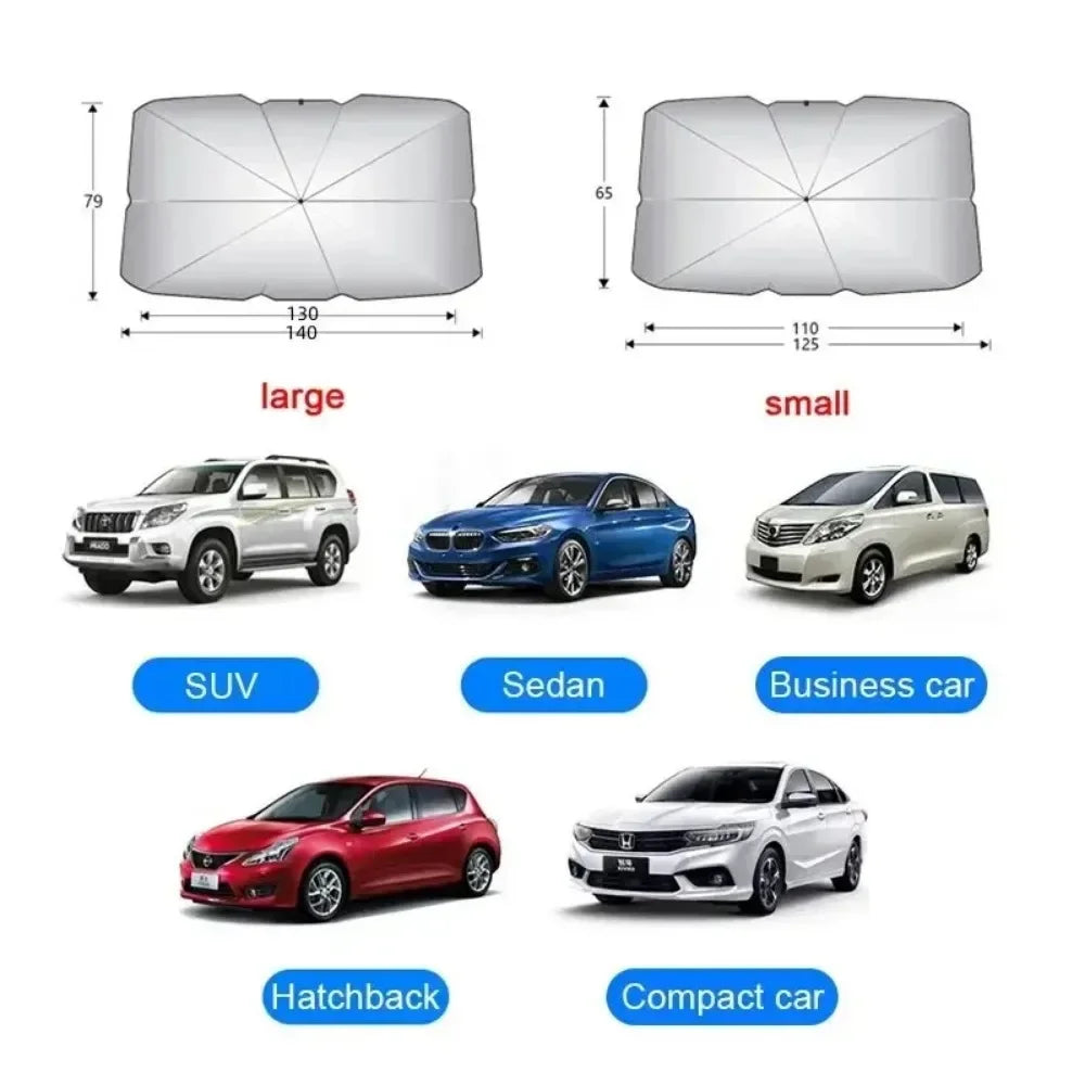 A collection of car sunshade umbrellas shown in various sizes and vehicle types including SUV, Sedan, Business car, Hatchback
