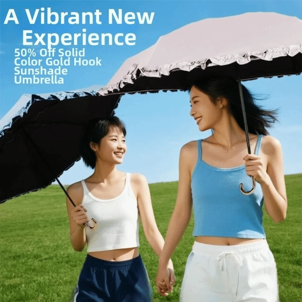 A woman holds a black umbrella with a golden curved handle, featuring a vibrant new experience promotion.