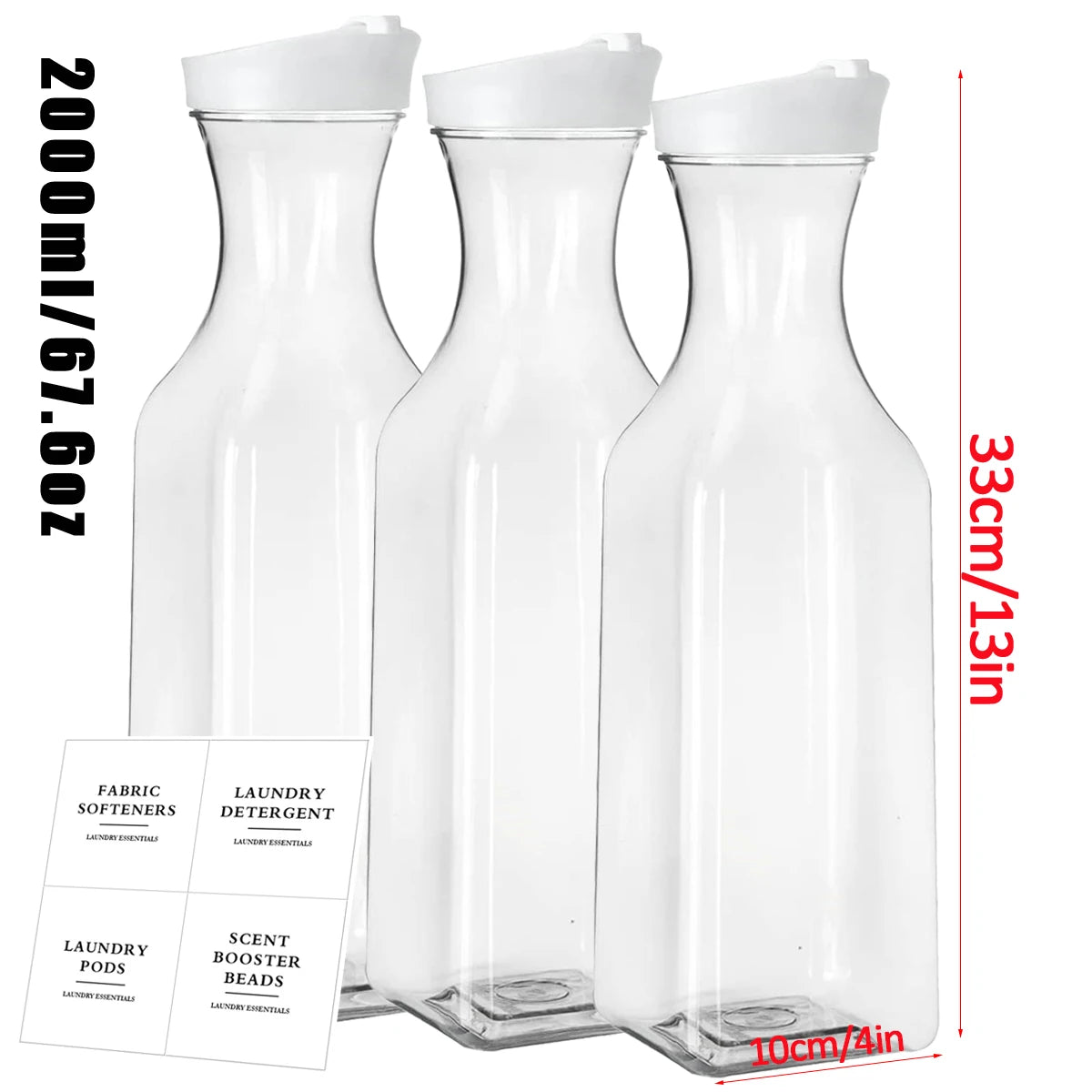 Three clear glass refillable storage bottles for laundry detergent with white caps and labels