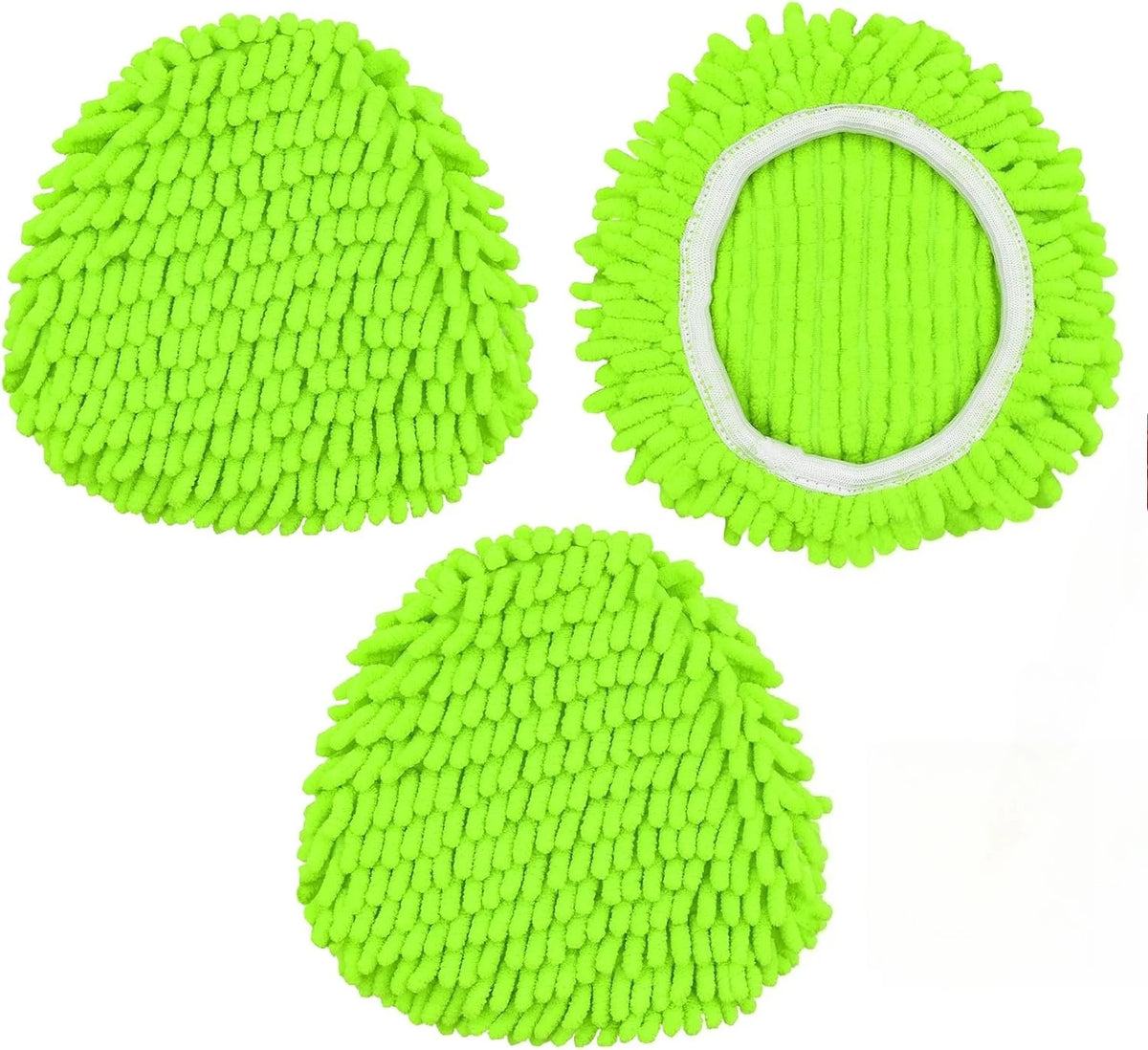 Three bright lime green replacement spin mop heads for an O-Cedar tank mop.