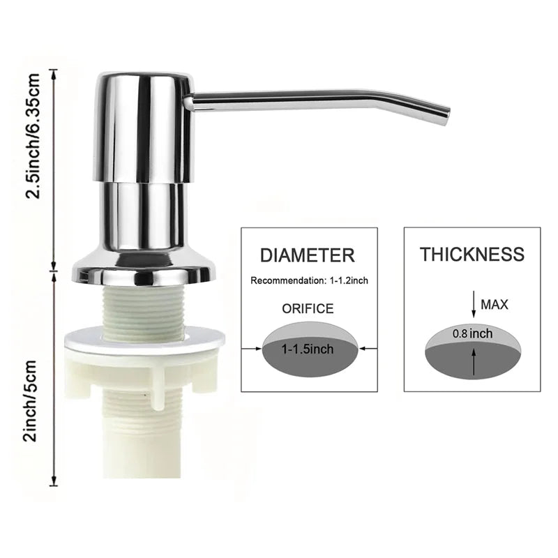 A chrome under-sink kitchen soap dispenser with a long spout and a threaded base.