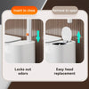 A white trash can with a brush is shown, demonstrating features for odor locking and easy head replacement.