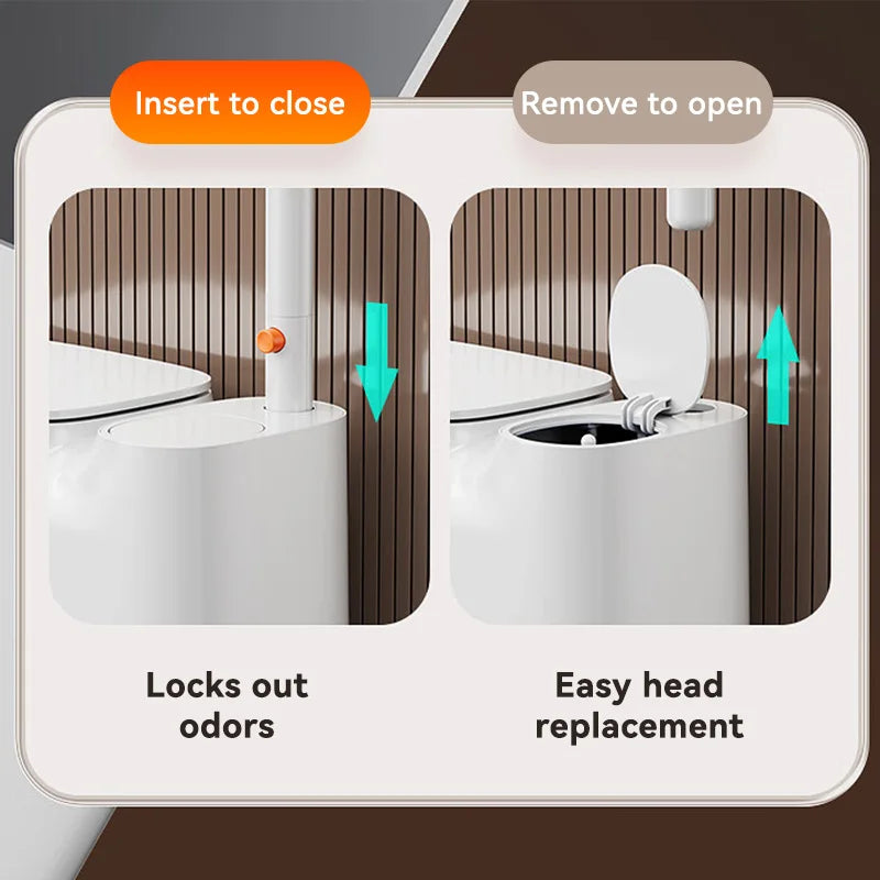 A white trash can with a brush is shown, demonstrating features for odor locking and easy head replacement.