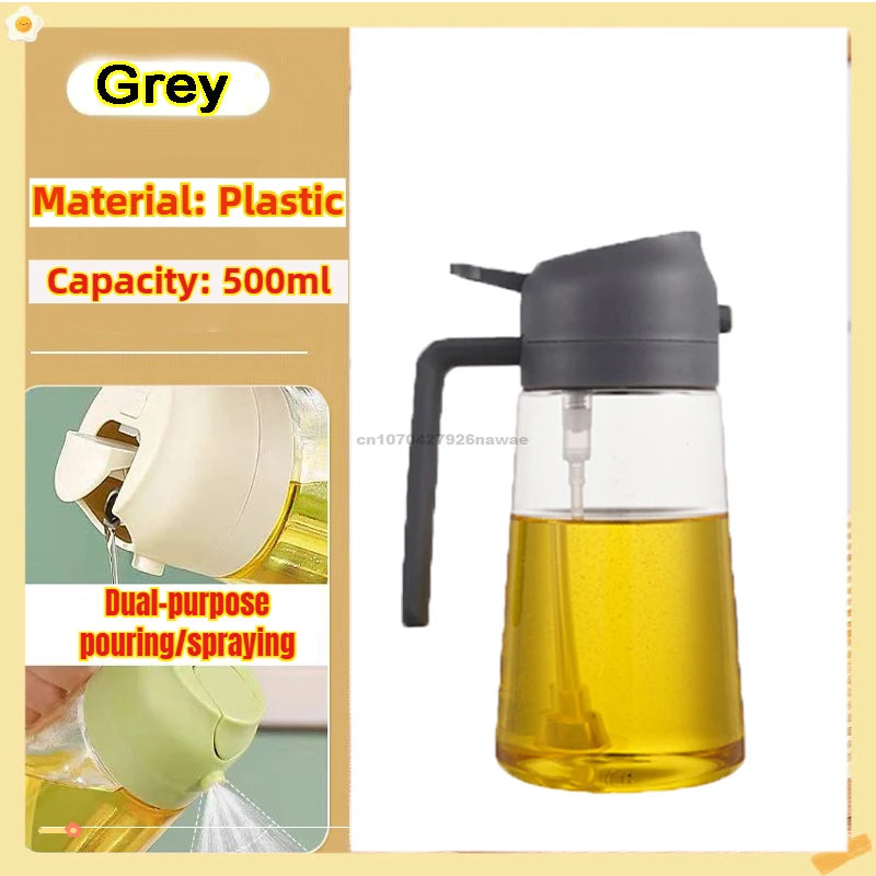 A grey plastic oil spray bottle with a black pump mechanism, demonstrating dual-purpose pouring and spraying functions.