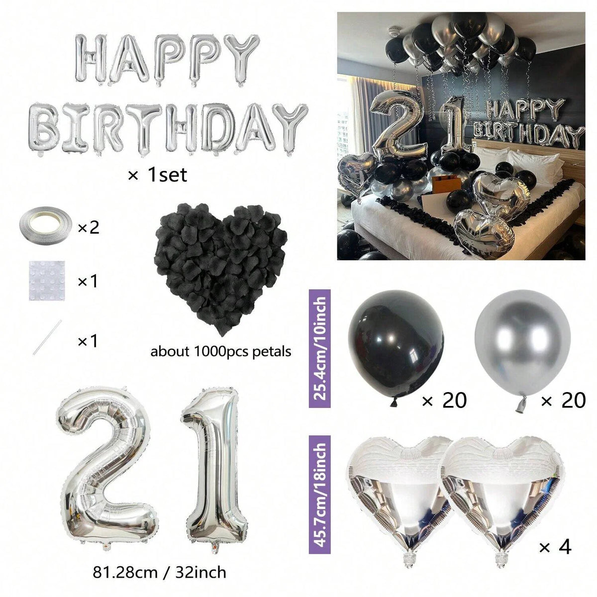 Bulk set of silver letter balloons, round balloons, and heart-shaped balloons for birthday parties
