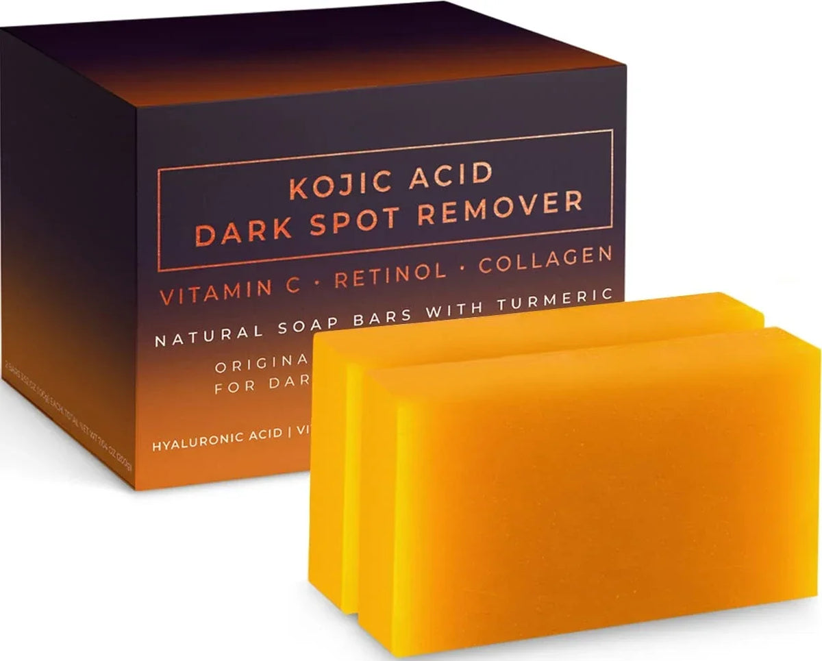 Boîte de pains de savon facial Kojic Acid pour les taches, avec curcuma et acide hyaluronique.