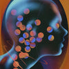 Abstract futurism canvas wall art print featuring a stylized silhouette of a head with glowing colored dots and lines.