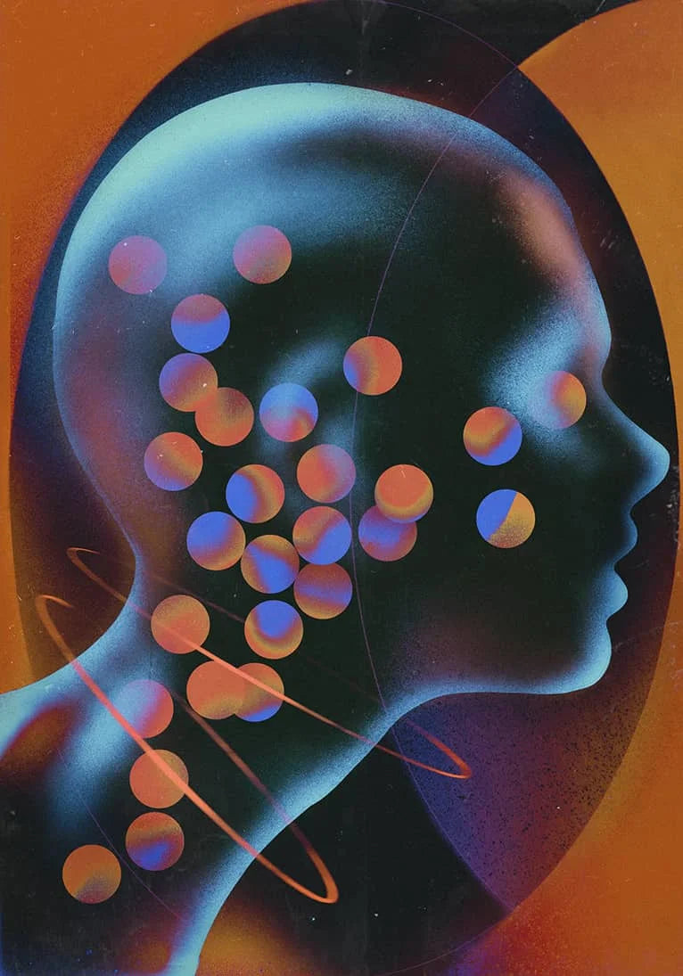 Abstract futurism canvas wall art print featuring a stylized silhouette of a head with glowing colored dots and lines.
