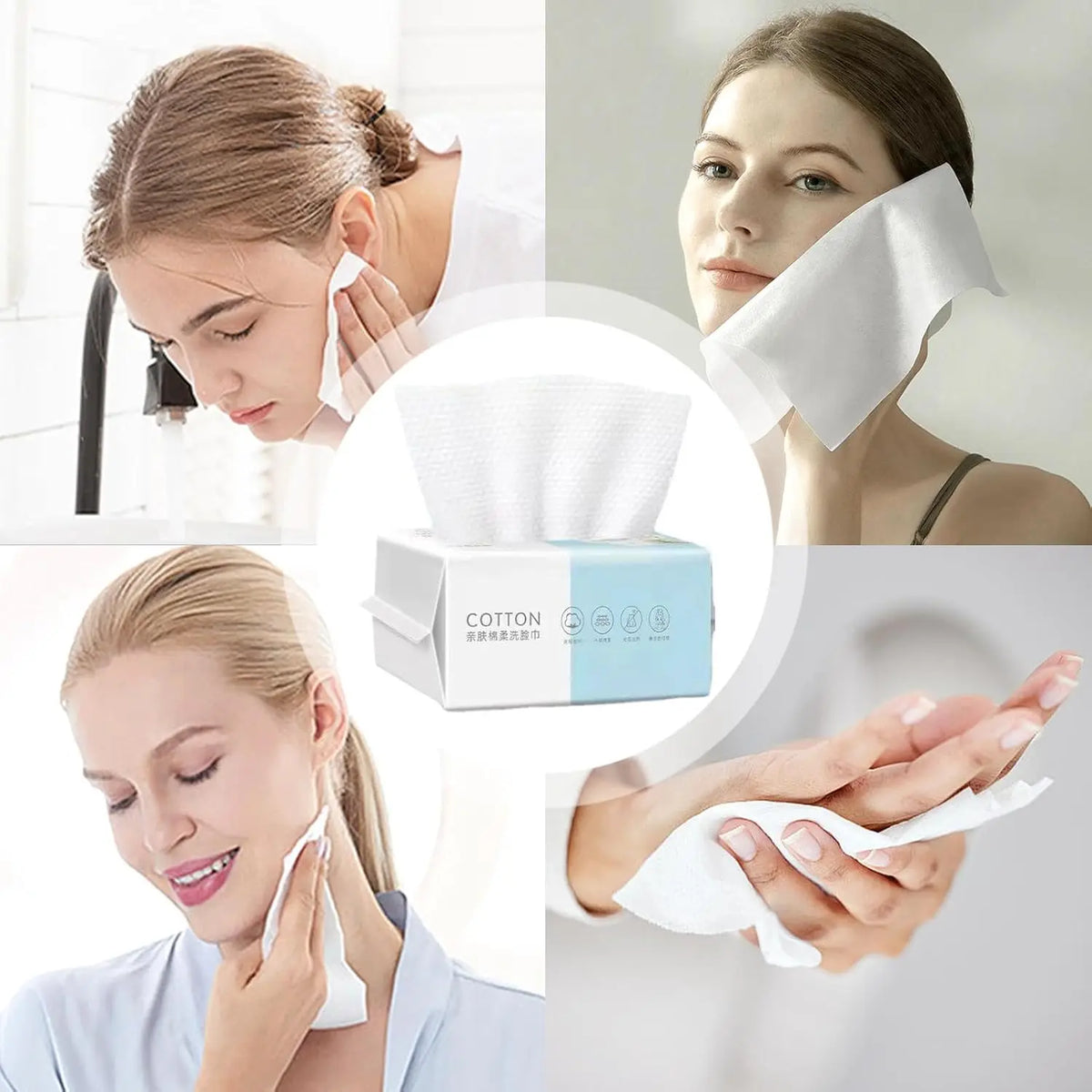A woman is using disposable cotton facial wipes on her face and hands for skincare.