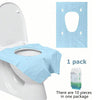 A package of disposable light blue toilet seat covers shown next to a white toilet bowl.