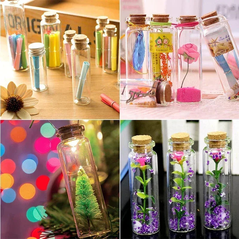 A collection of ten mini glass bottles with corks filled with colorful materials and flowers for DIY art and gifts.