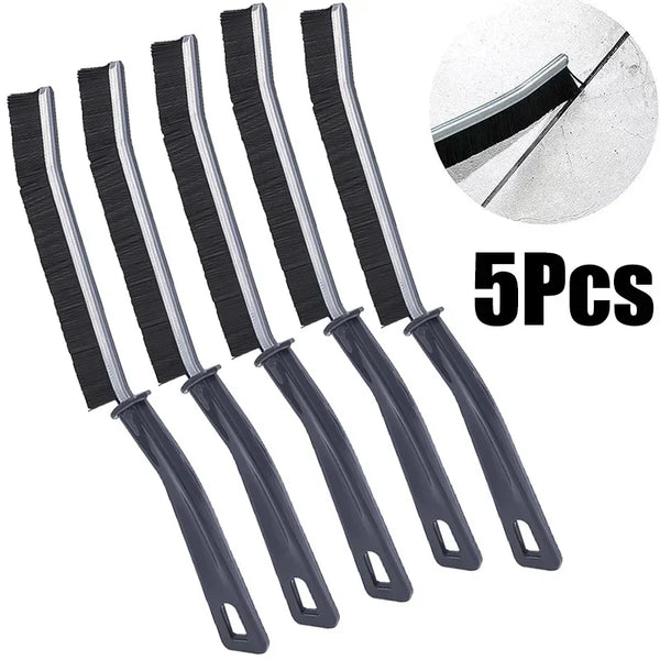 Five black hard-bristle crevice cleaning brushes shown with a close-up of one brush head