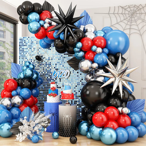 A balloon garland kit featuring blue, red, and black balloons arranged in a festive display.