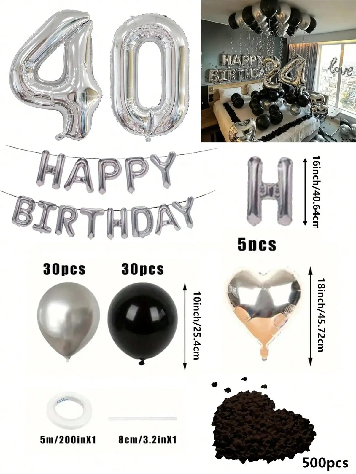 Un juego de globos con números plateados en papel de aluminio, globos en forma de corazón y decoraciones de corazón de chocol