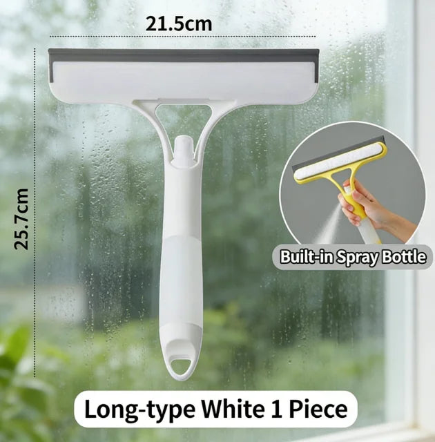 Langes weißes Fensterreinigungs-Squeegee, 1 Stück, mit integrierter Sprühflasche, reinigt ein Fenster.
