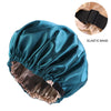 A teal satin sleep cap with an elastic band, shown from above and side view.
