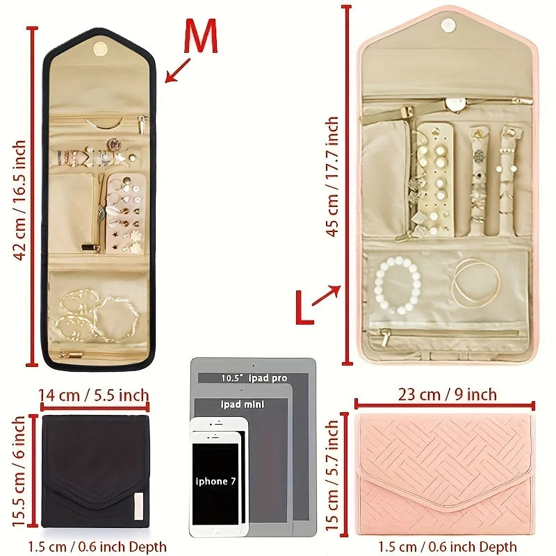 A foldable waterproof jewelry organizer bag shown in various sizes and depths with included accessories.