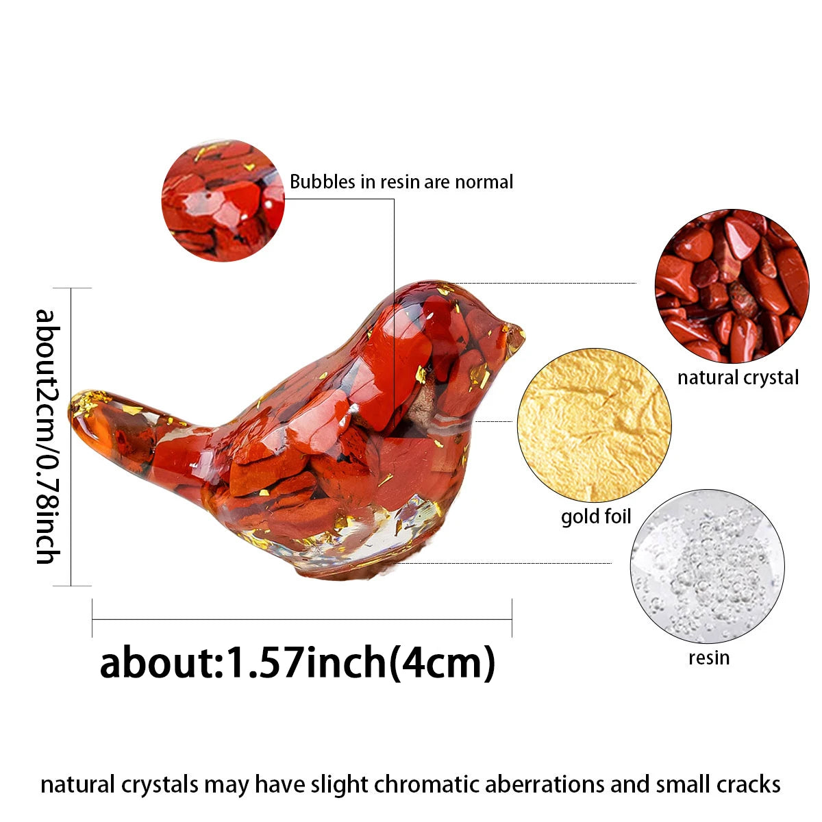 A glossy red crystal bird statue made of resin with gold foil accents, showing natural crystal features.
