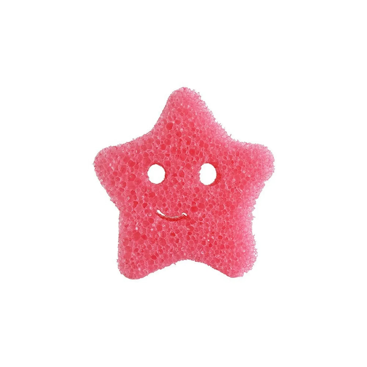 A pink, star-shaped temperature sensing dish scrubbing sponge.