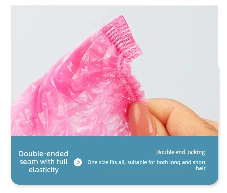 Close-up of a pink reusable transparent shower cap showing its double-ended seam and full elasticity.